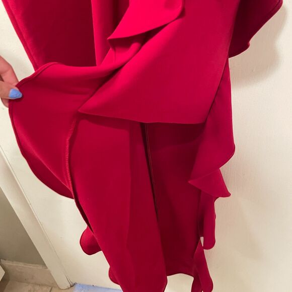 Shoshanna Midnight Off the Shoulder Ruffle Slit Cocktail Long Gown Red 4 - Picture 11 of 13